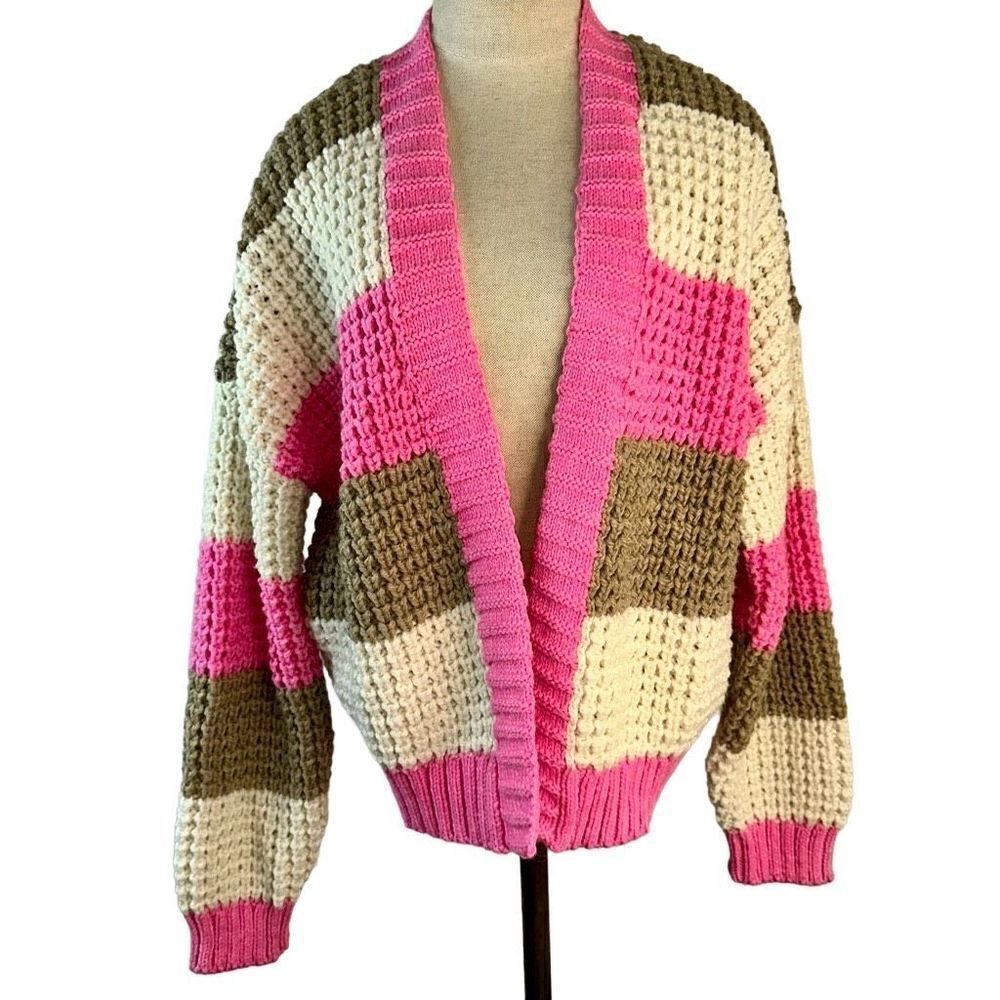 American Eagle Women’s Colorful Striped Sweater Cardigan Chunky Waffle Knit NWT